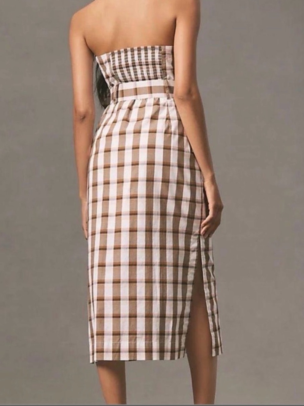 Anthropologie Brown & White Strapless Gingham Belted Midi Dress XL - Picture 2 of 7